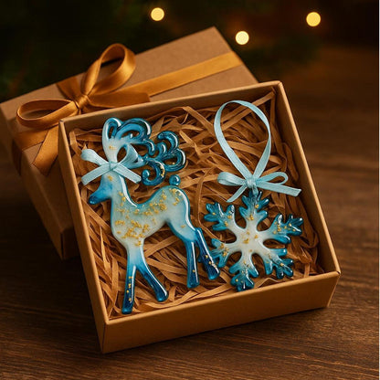 Handmade Resin Christmas Ornaments: Blue and Gold Holiday Decor