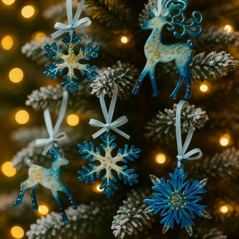 Handmade Resin Christmas Ornaments: Blue and Gold Holiday Decor